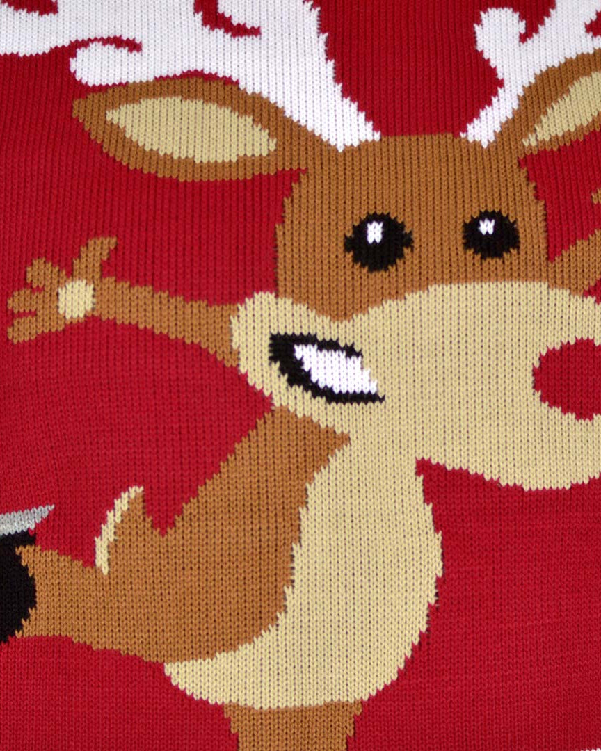 detail Red Men's Christmas Jumper with Skating Reindeer