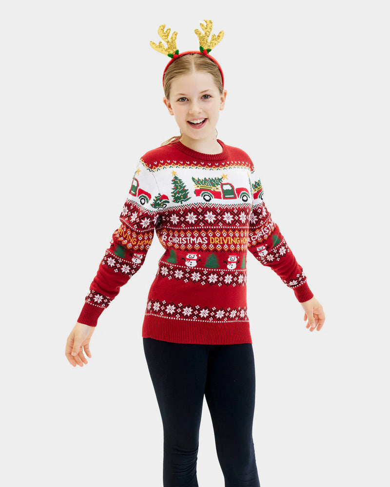 Family Christmas Jumper Driving Home Children