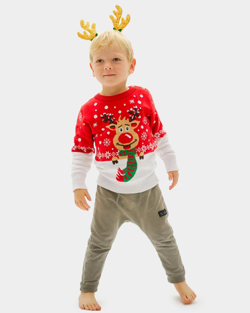 Family Christmas Jumper with Reindeer with Scarf Childrens