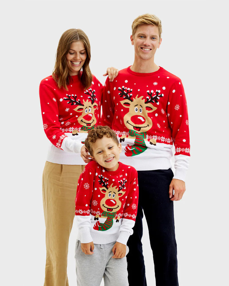 Family Christmas Jumper with Reindeer with Scarf Childrens Mens