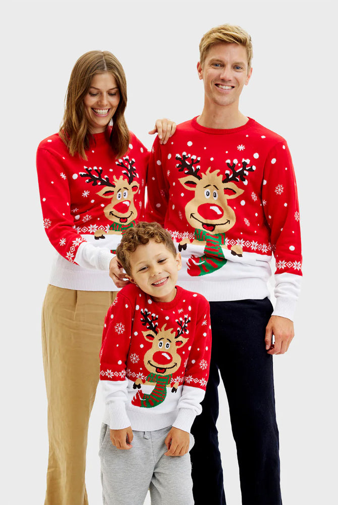 Mens Family Christmas Jumper with Reindeer with Scarf