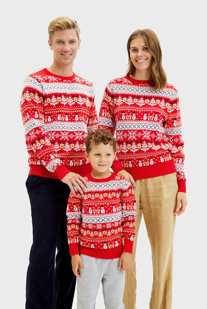 Red Organic CottonFamily and Womens Christmas Jumper Snowmen and Trees