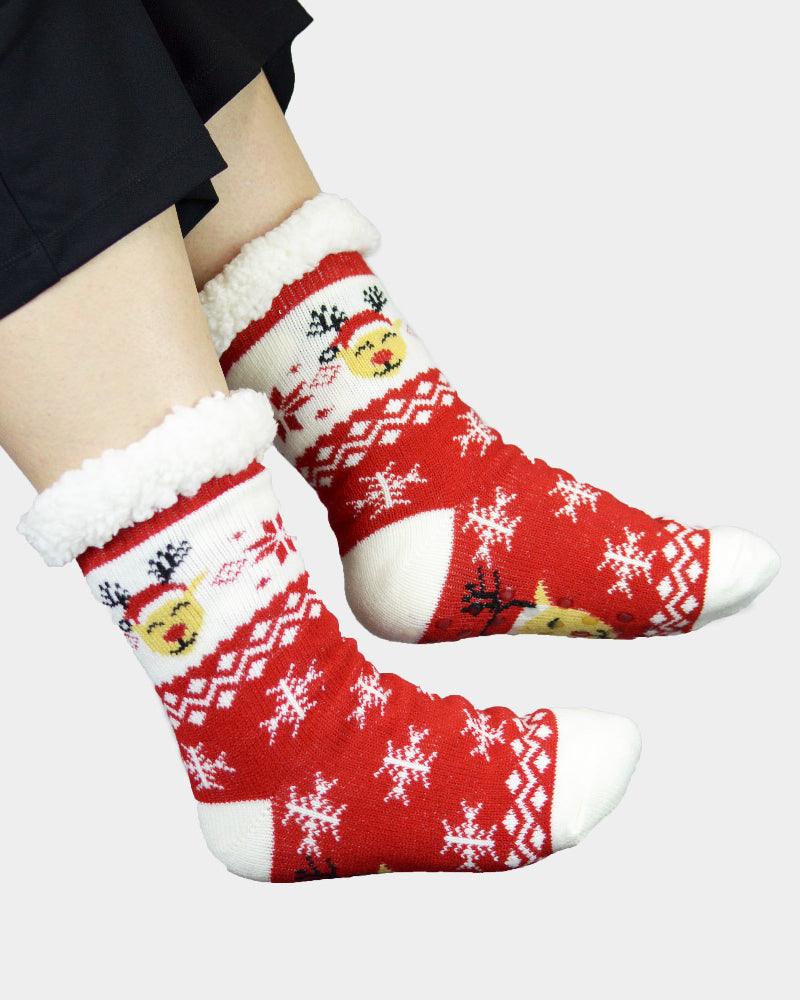 Fluffy Christmas Socks Reindeer with Santa Hat