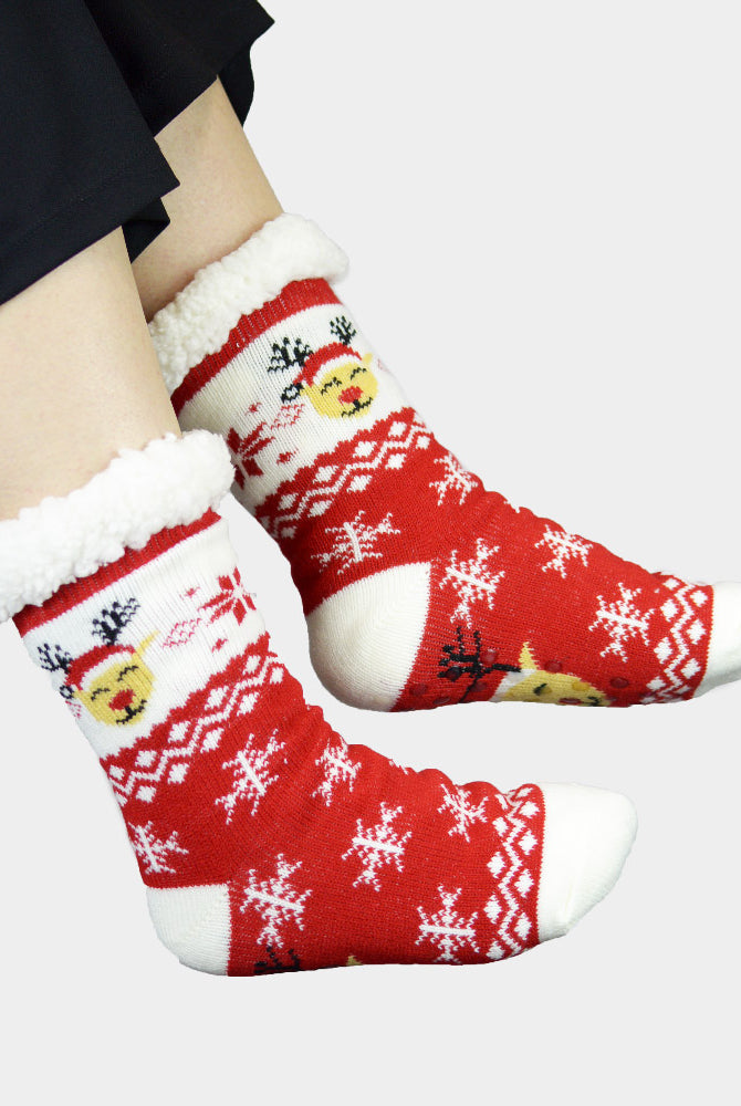 Fluffy Christmas Socks Reindeer with Santa Hat