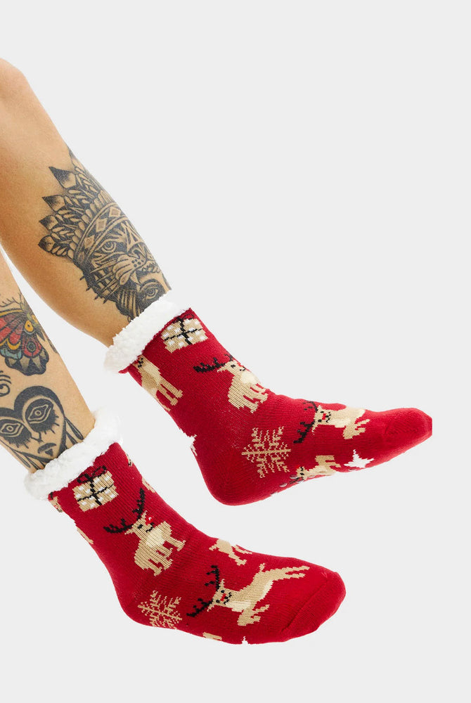Fluffy Christmas Socks with Reindeers and Gifts