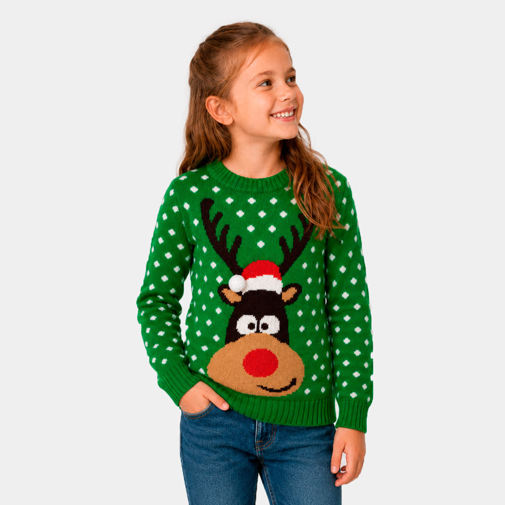Green 3D Childrens Christmas Jumper Reindeer with Santa's hat Girl