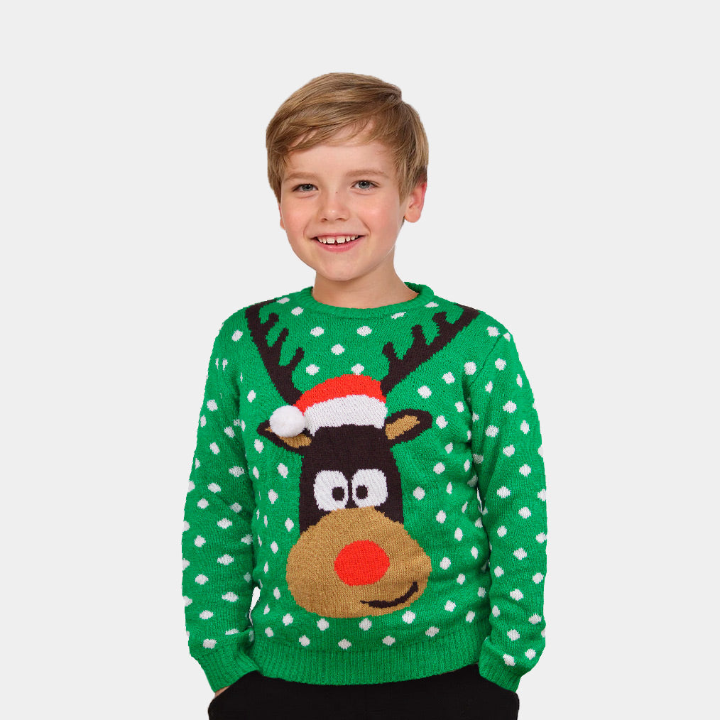 Green 3D Couples Christmas Children Jumper Reindeer with Santa's hat
