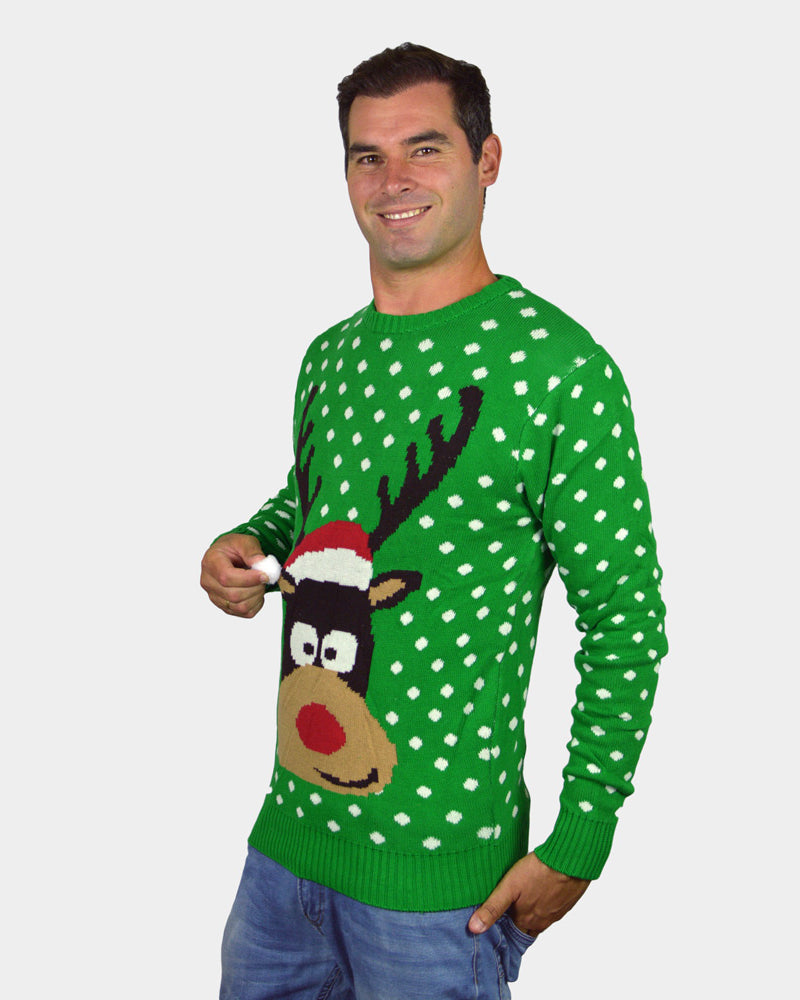 Green 3D Couple's Christmas Jumper Reindeer with Santa's hat Men's