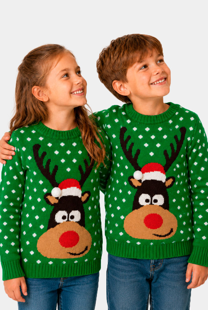 Green 3D Family Christmas Jumper Reindeer with Santa's hat Children