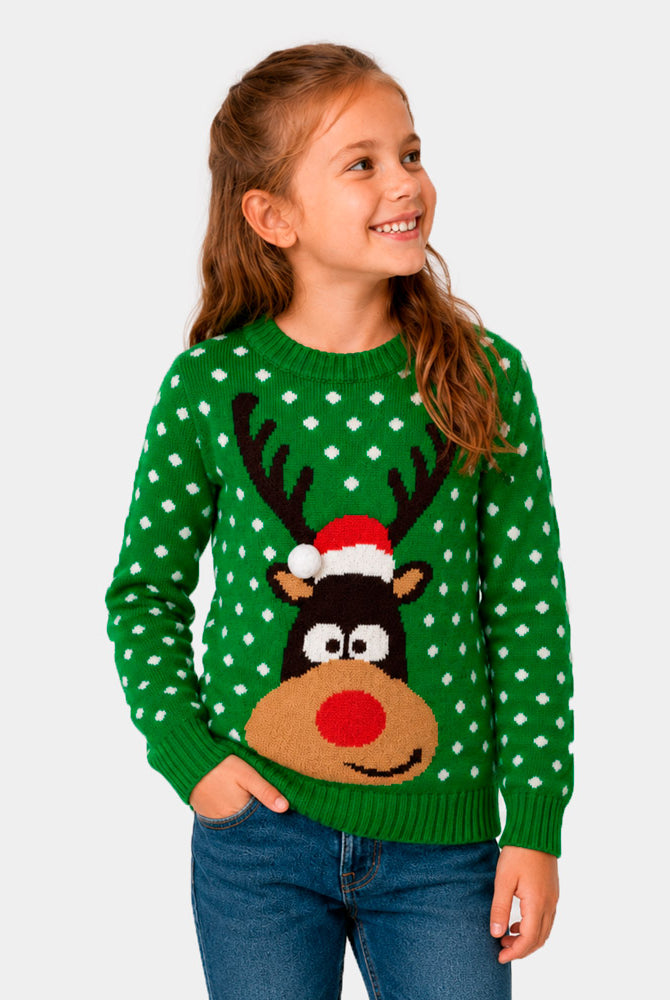 Green 3D Family Christmas Jumper Reindeer with Santa's hat Girl
