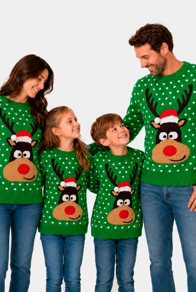 Green 3D Family Christmas Jumper Reindeer with Santa's hat