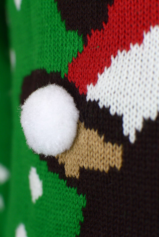 Green 3D Men's Christmas Jumper Reindeer with Santa's hat detail