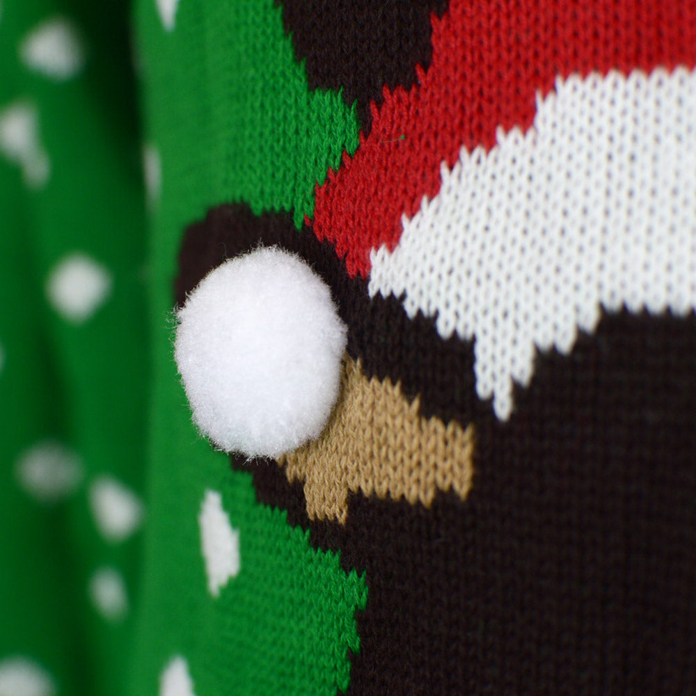 Green 3D Men's Christmas Jumper Reindeer with Santa's hat detail