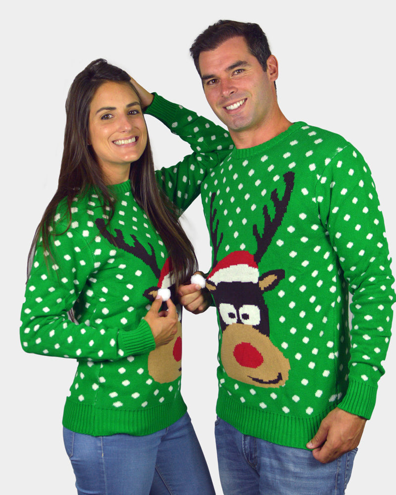 Green 3D Men's Christmas Jumper Reindeer with Santa's hat womens
