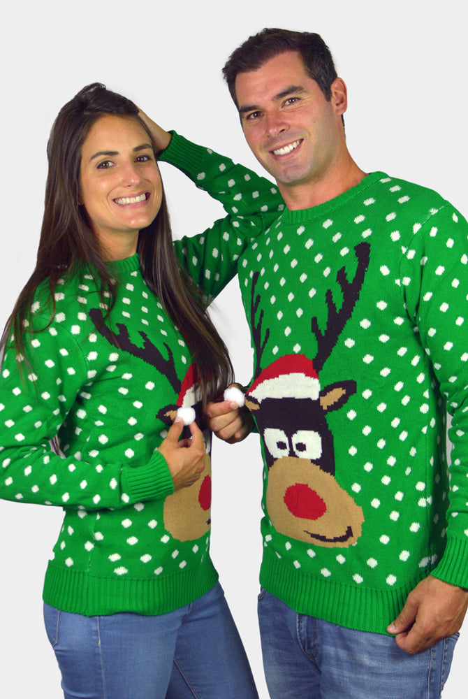 Green 3D Men's Christmas Jumper Reindeer with Santa's hat womens