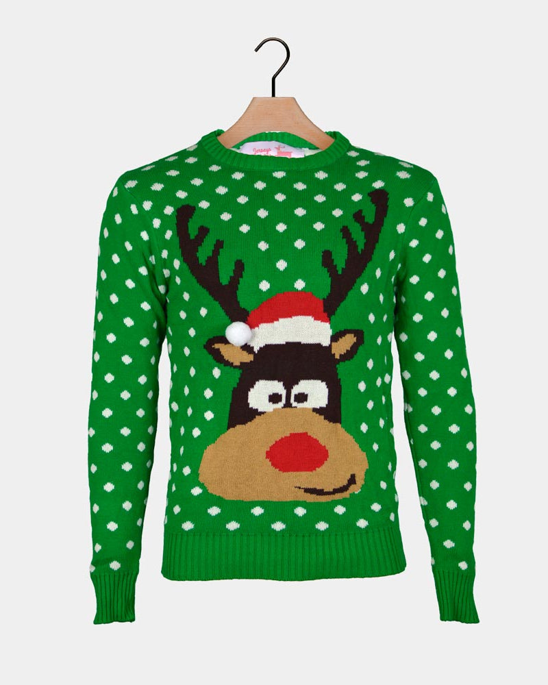 Green 3D Men's Christmas Jumper Reindeer with Santa's hat