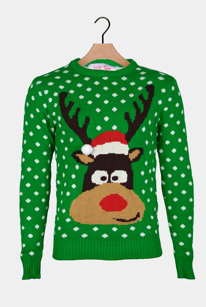 Green 3D Men's Christmas Jumper Reindeer with Santa's hat
