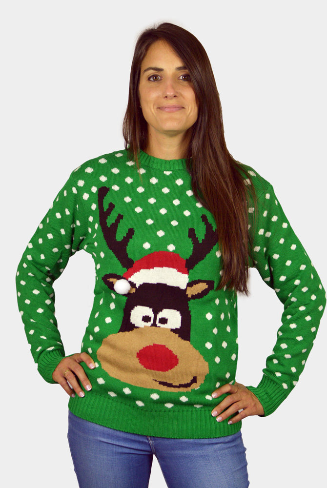 Green 3D Mens Christmas Jumper Reindeer with Santa's hat Womens