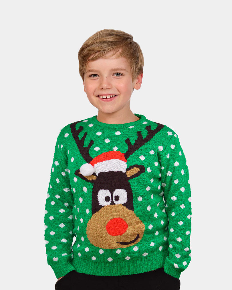 Green 3D Womens Children Christmas Jumper Reindeer with Santa's hat