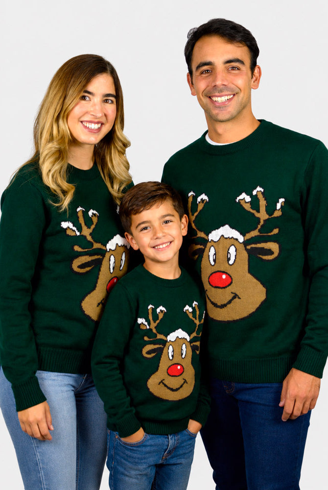 Green Christmas Jumper with Smiling Reindeer Family