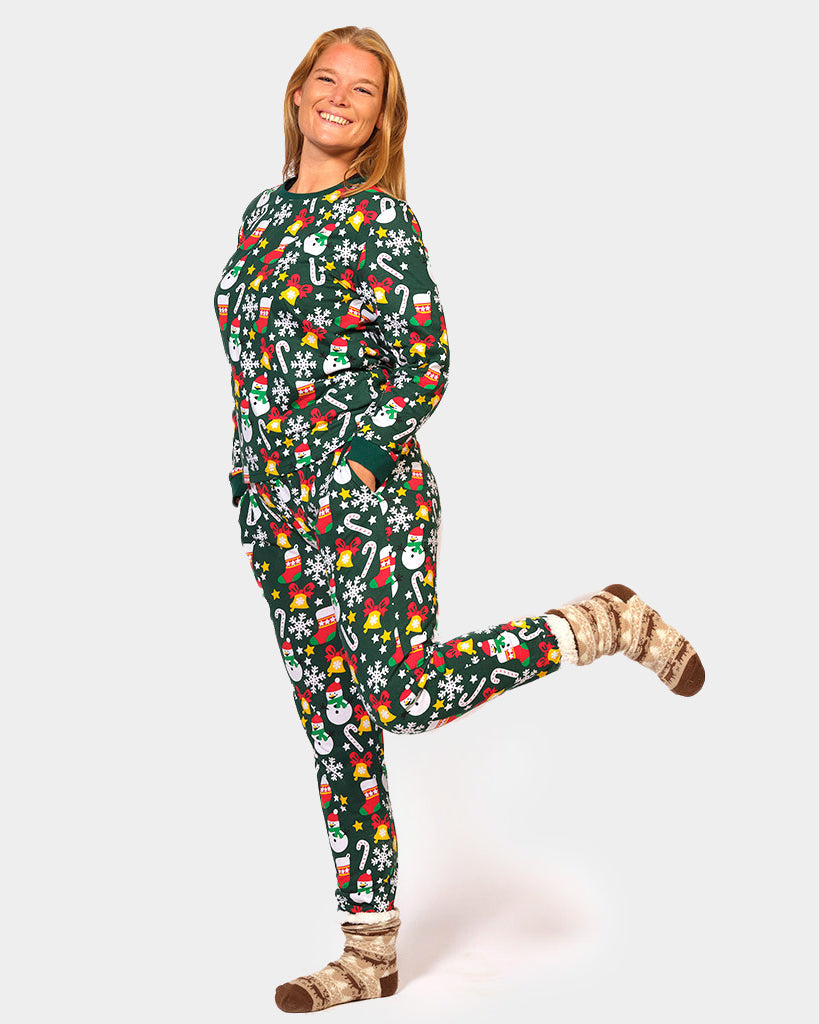 Green Christmas Pyjama for Women  with Christmas motifs