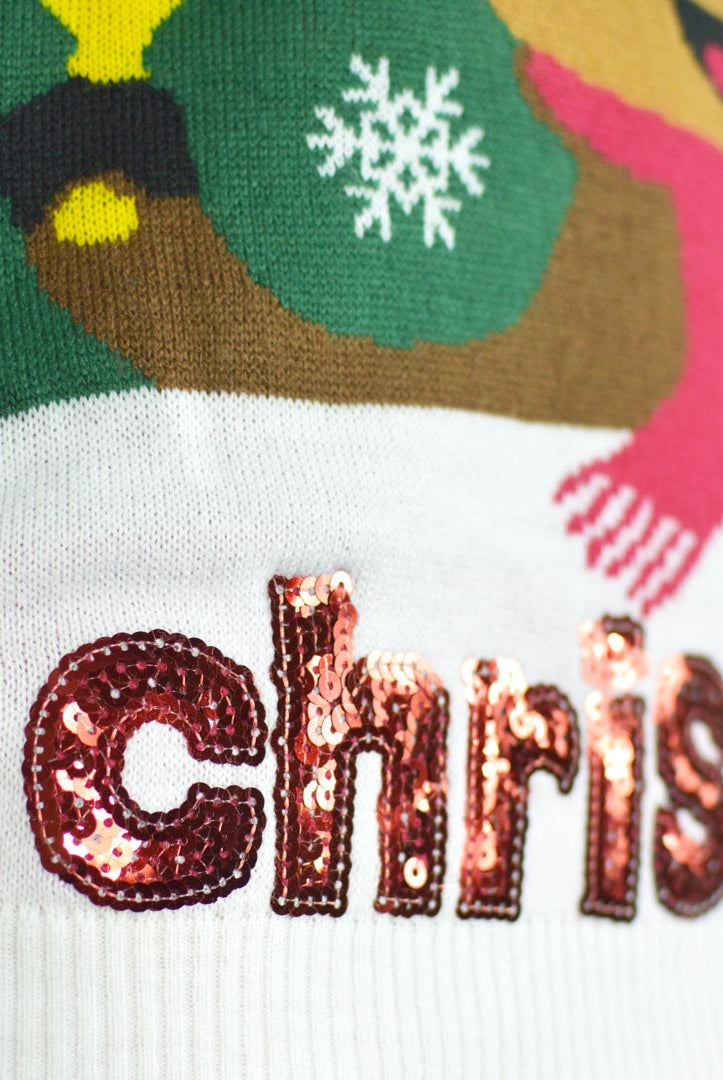 Green Couple's Christmas Jumper Holly Jolly with Sequins detail