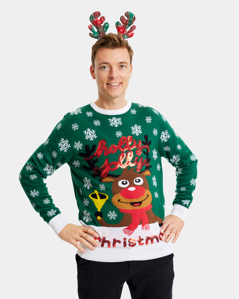 Green Couple's Christmas Jumper Holly Jolly with Sequins mens