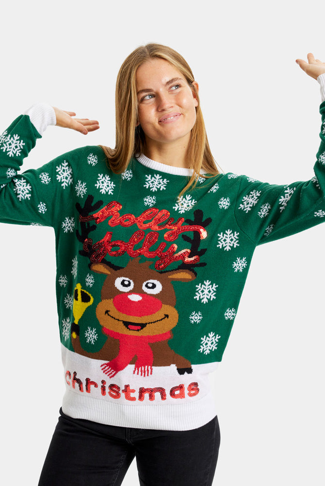 Green Couple's Christmas Jumper Holly Jolly with Sequins womens