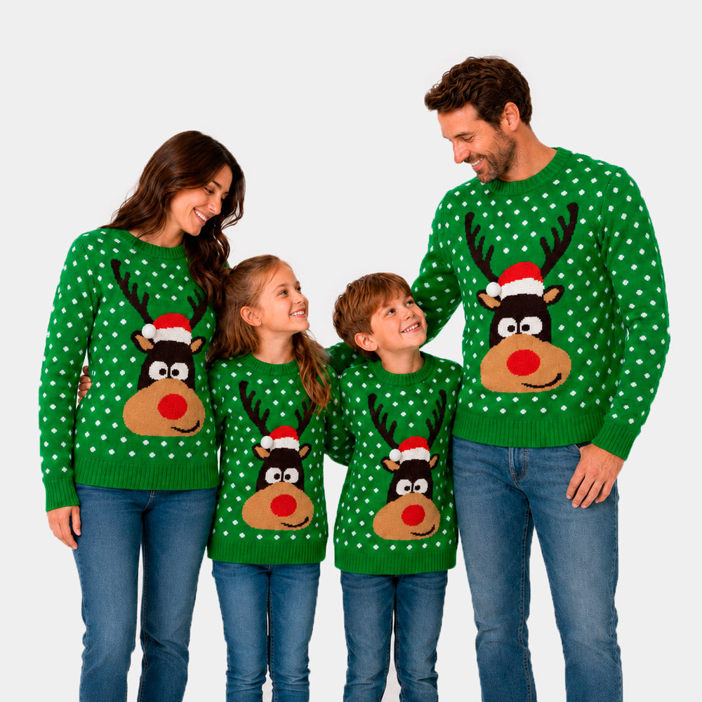 Green Couples Christmas Jumper Reindeer with Santa's hat 3D