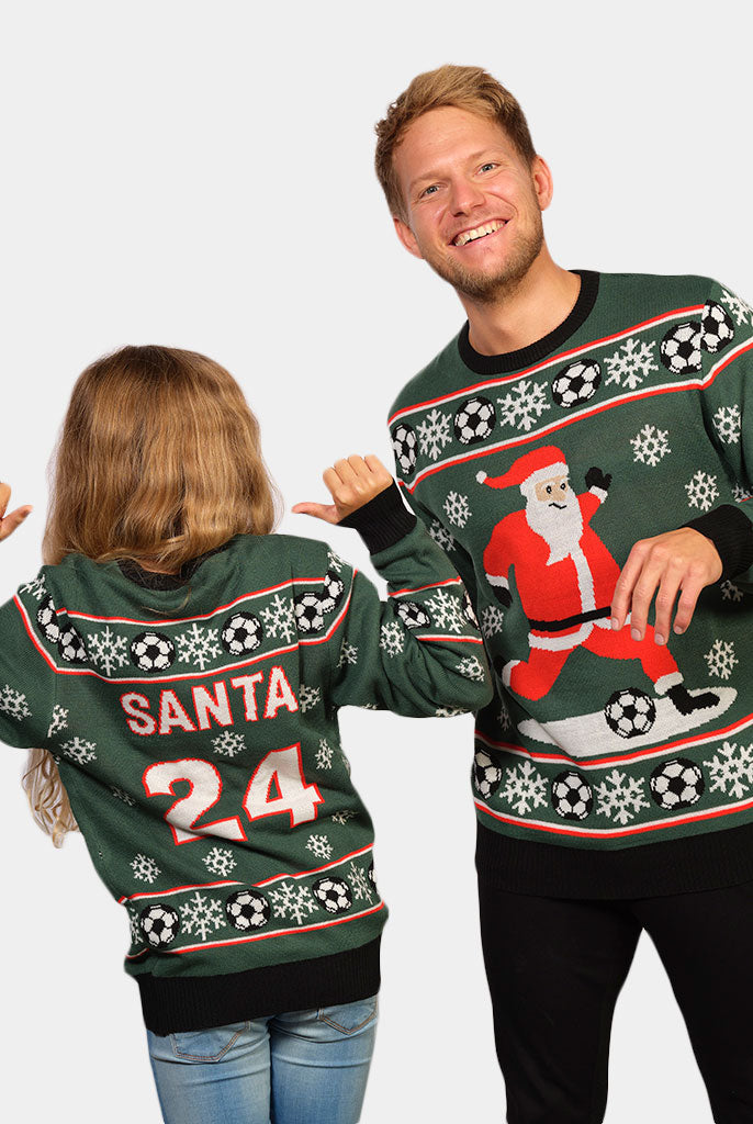 Kids Green Couple's Christmas Jumper with Santa playing Football