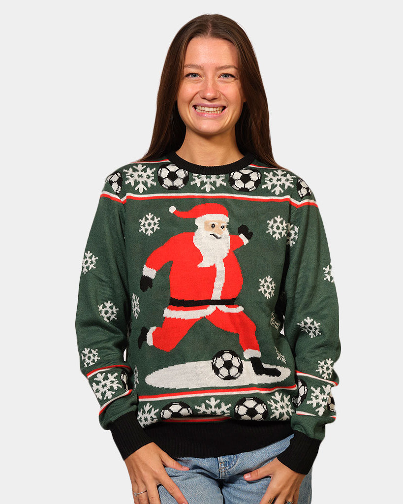 Green Couple's Christmas Jumper with Santa playing Football womens