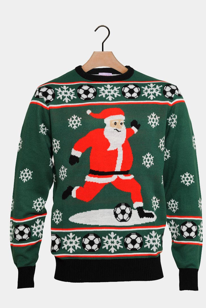 Green Couple's Christmas Jumper with Santa playing Football
