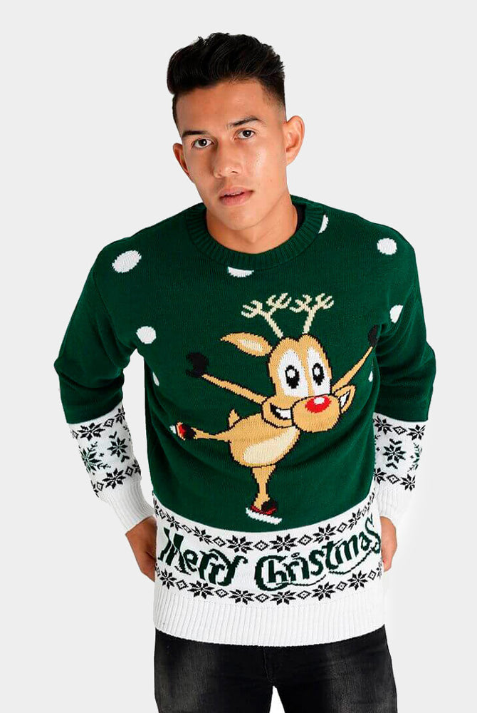 Green Couple's Christmas Jumper with skating Reindeer mens