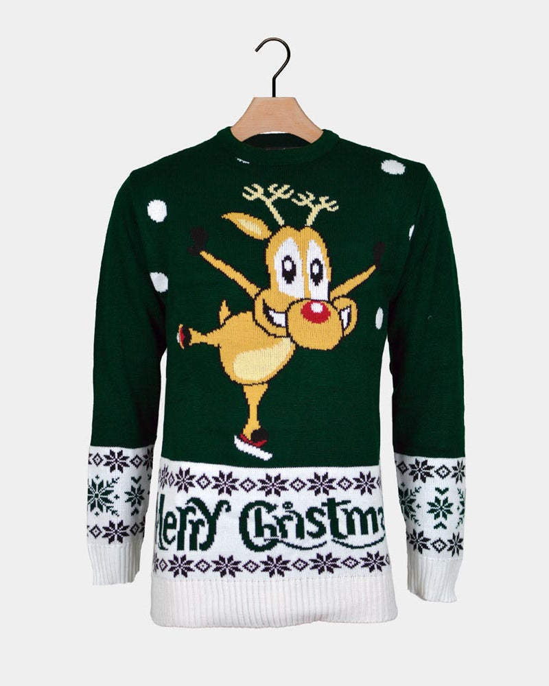 Green Couple's Christmas Jumper with skating Reindeer