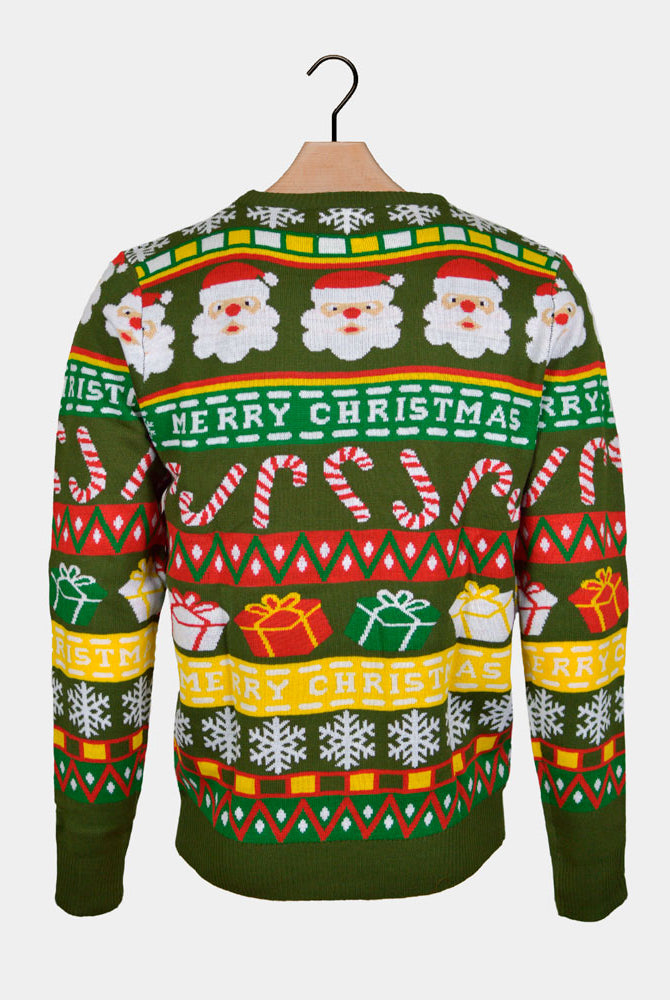 back Family Green Christmas Jumper with Santa and Gifts