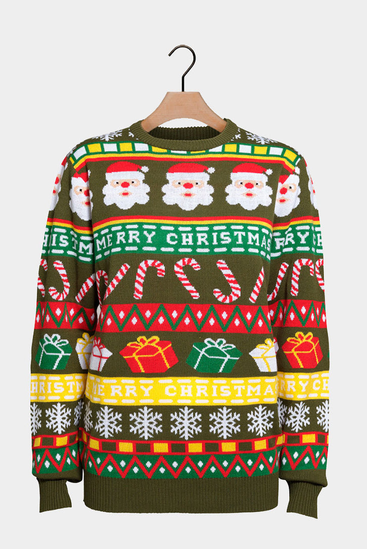 Family Green Christmas Jumper with Santa and Gifts
