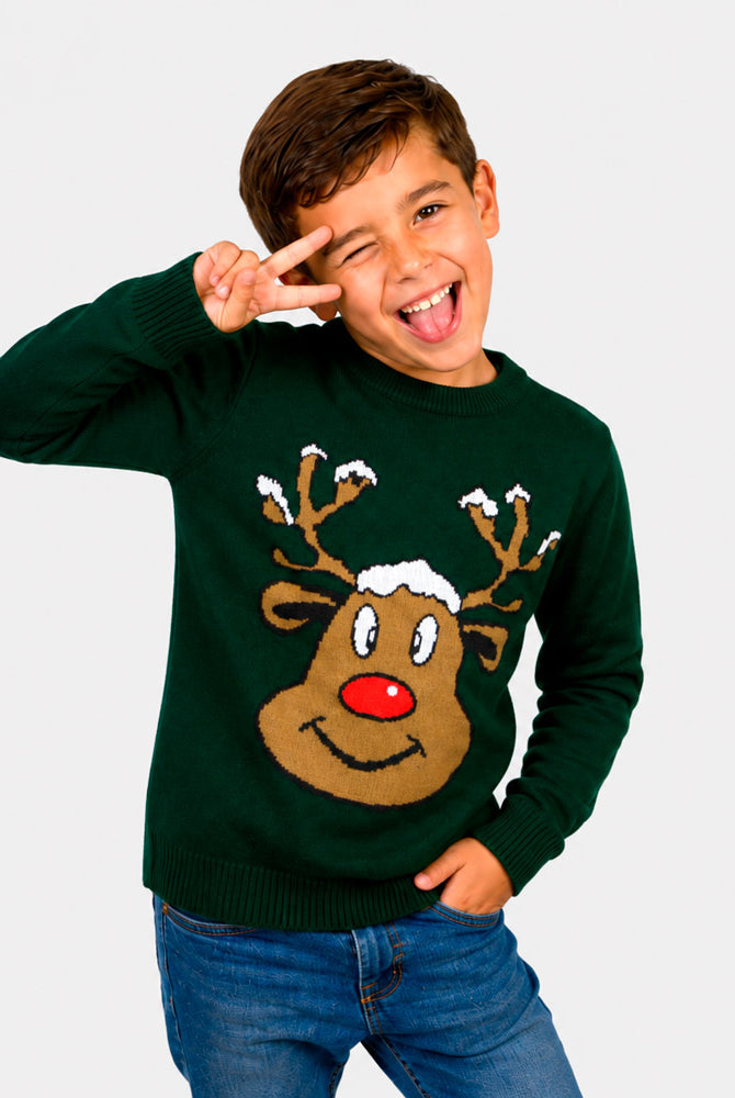 Green Family Christmas Jumper with Smiling Reindeer Boy