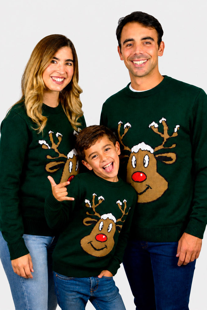 Green Family Christmas Jumper with Smiling Reindeer
