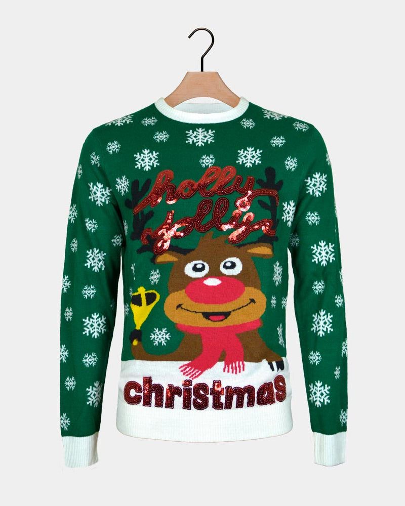 Green Men's Christmas Jumper Holly Jolly with Sequins