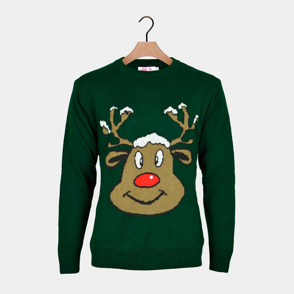 Green Men's Christmas Jumper with Smiling Reindeer detail