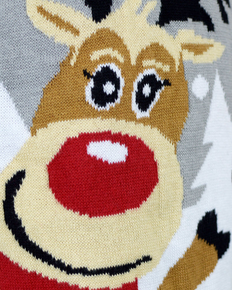 Grey Organic Cotton Couple's Christmas Jumper with Cute Reindeers detail