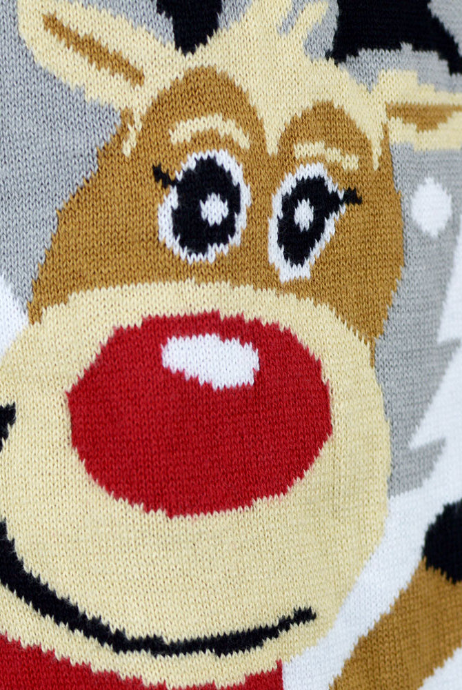 Grey Organic Cotton Couple's Christmas Jumper with Cute Reindeers detail