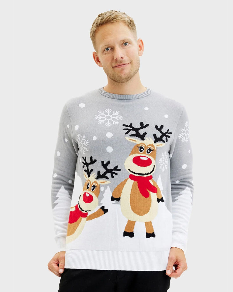 Grey Organic Cotton Couple's Christmas Jumper with Cute Reindeers mens