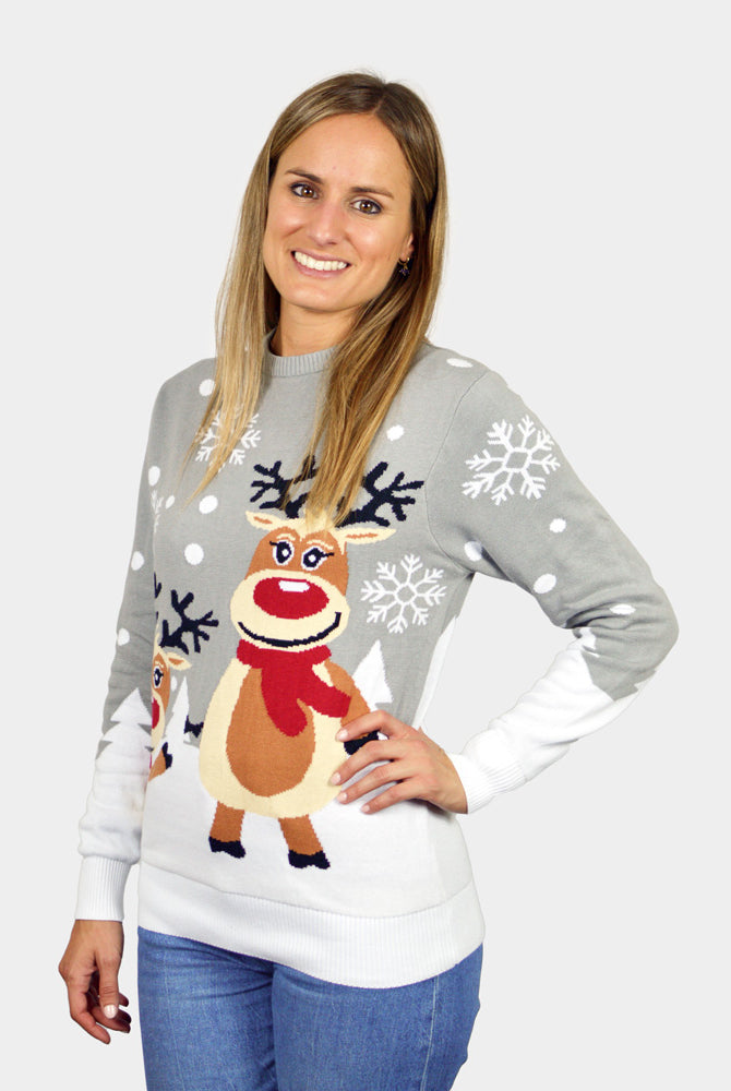 Grey Organic Cotton Couple's Christmas Jumper with Cute Reindeers womens