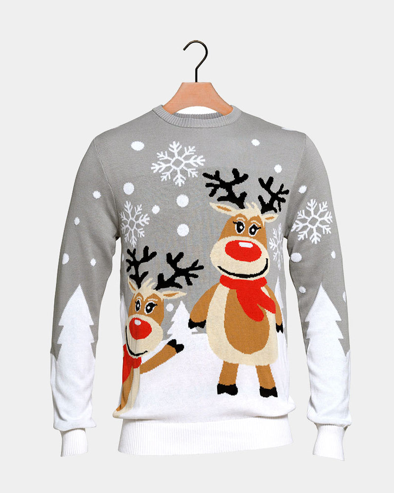 Grey Organic Cotton Couple's Christmas Jumper with Cute Reindeers