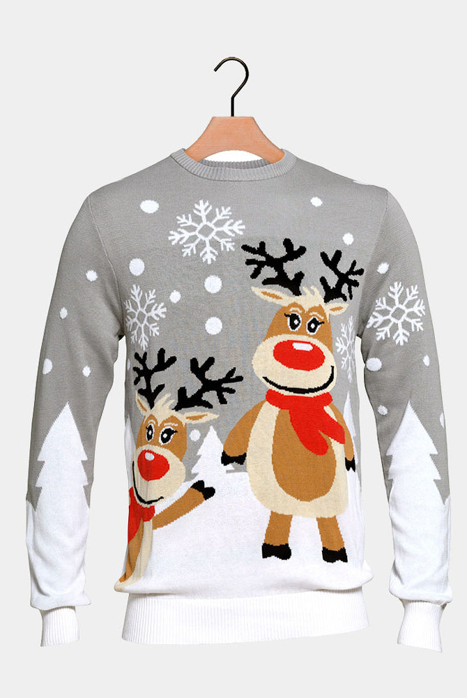 Grey Organic Cotton Couple's Christmas Jumper with Cute Reindeers