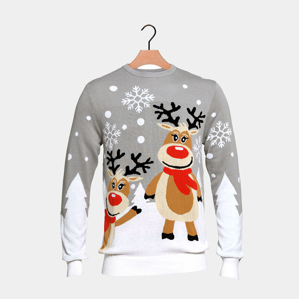 Grey Organic Cotton Family Christmas Jumper with Cute Reindeers