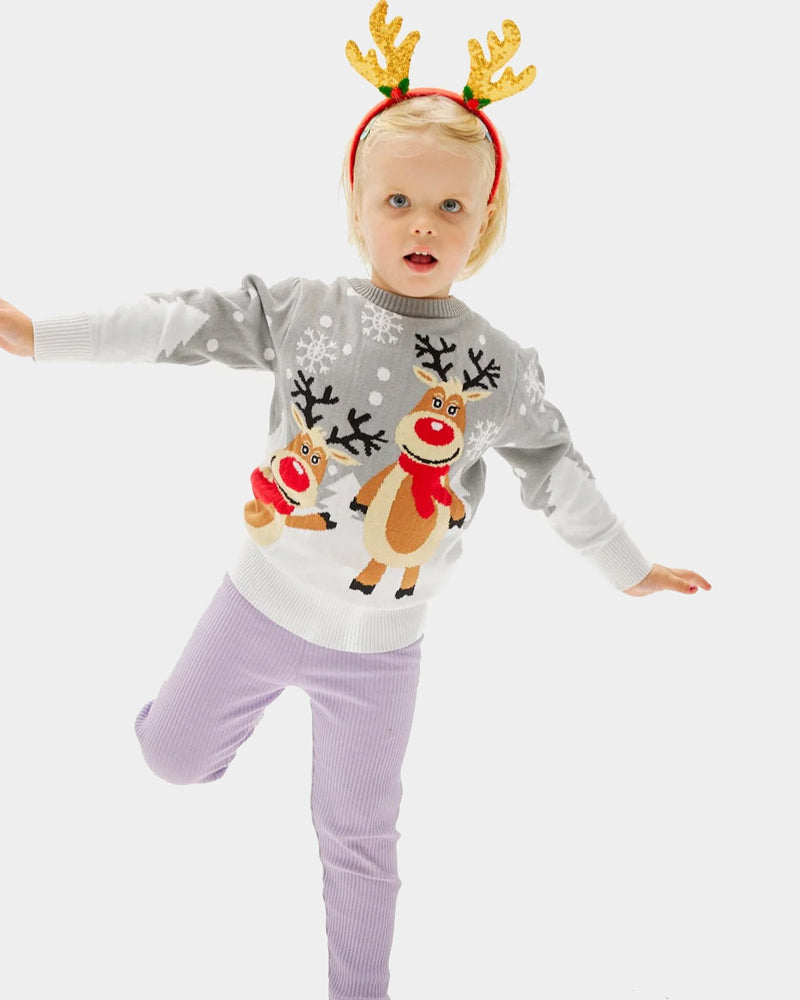 Grey Organic Cotton Family Christmas Jumper with Cute Reindeers Childrens