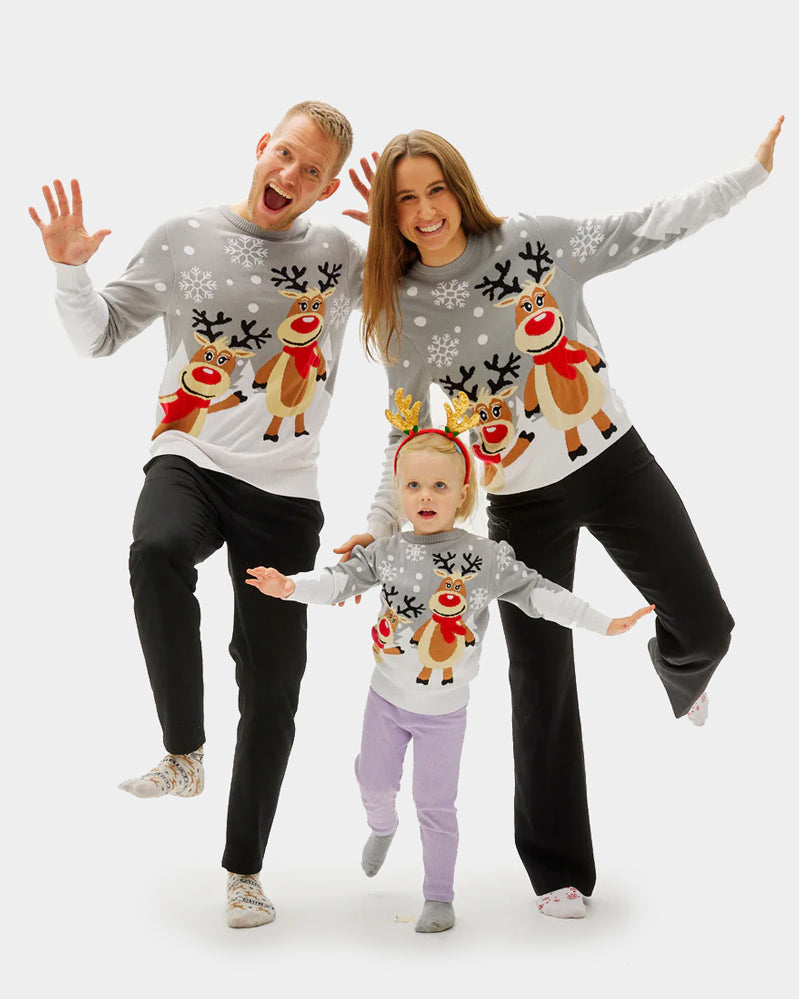 Grey Organic Cotton Family Christmas Jumper Cute Reindeers