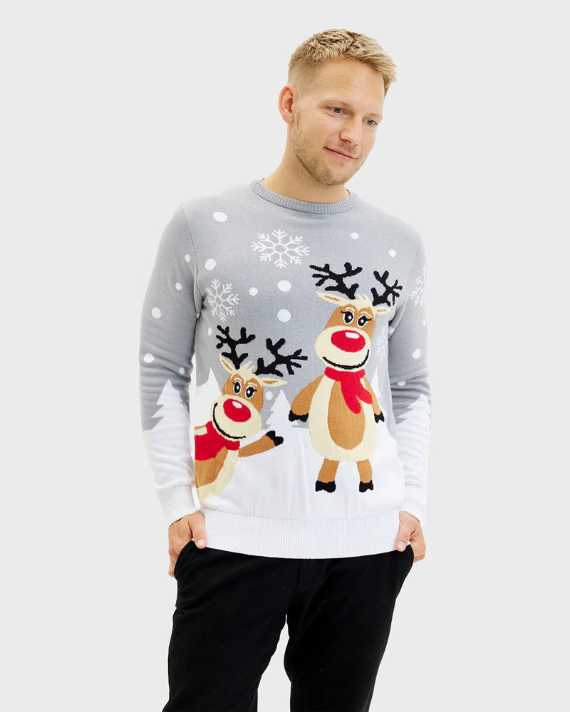 Grey Organic Cute Reindeers Cotton Mens Christmas Jumper
